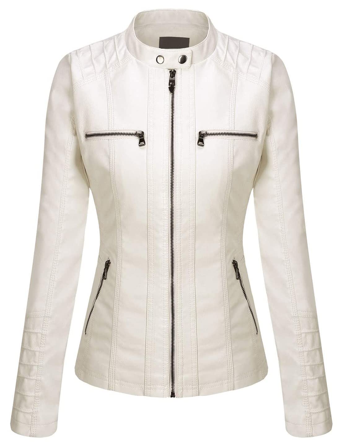 Springrain Women's Faux Leather Jacket Moto Biker Coat with Detachable Hood Motorcycle Jacket (Small, White)