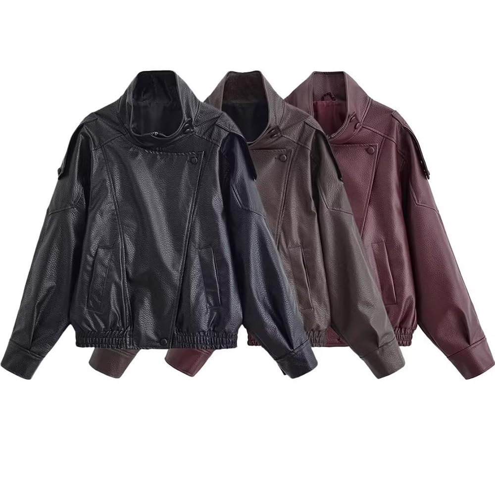 Molilove Women's Leather Jacket Casual Fall Zipper Jacket Racer Varsity Jackets Biker Moto Bomber Jacket Coat