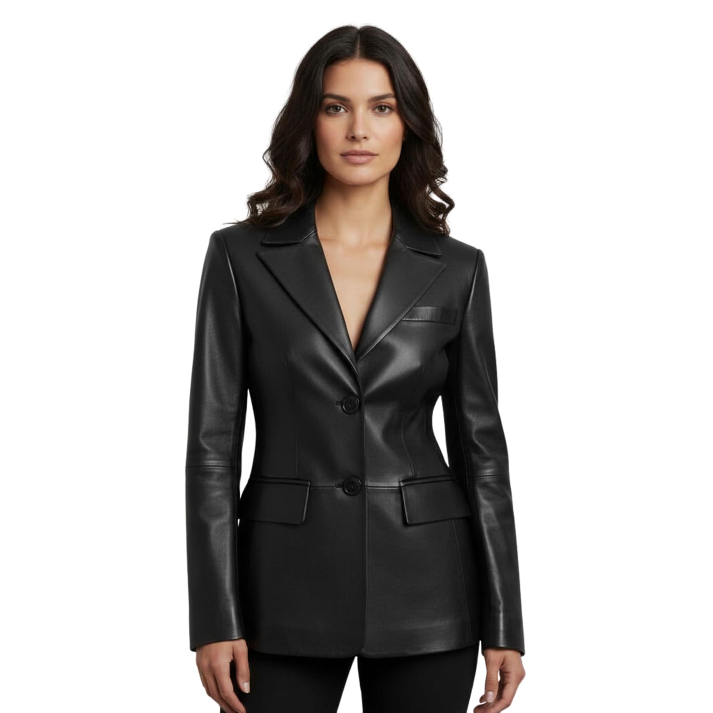 Classic Black Real Leather Blazer Jacket Women Tailored Two Button Closure Notch Lapel Structured Fit Smart Casual Style (US, Alpha, Large, Regular, Regular, Black)