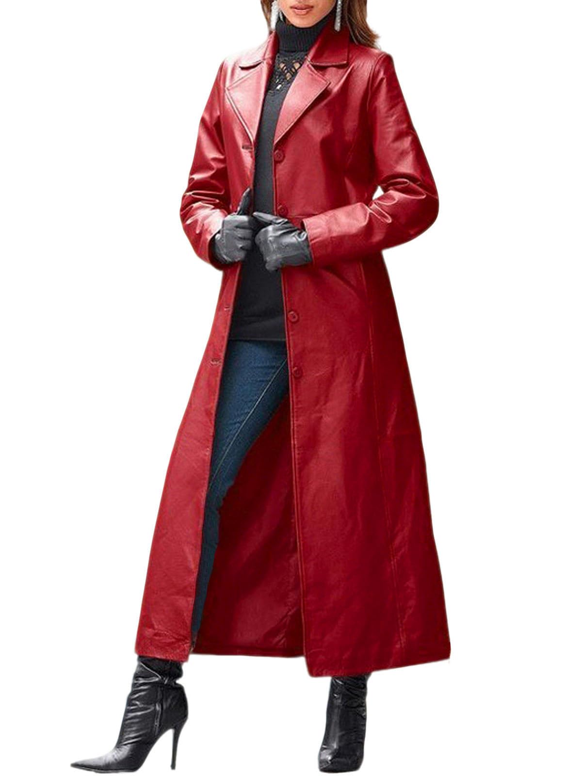 utcoco Womens Faux Leather Trench Coat Classic Lapel Button Down Maxi Jacket 2025 Stylish Overcoat (Small, Red)