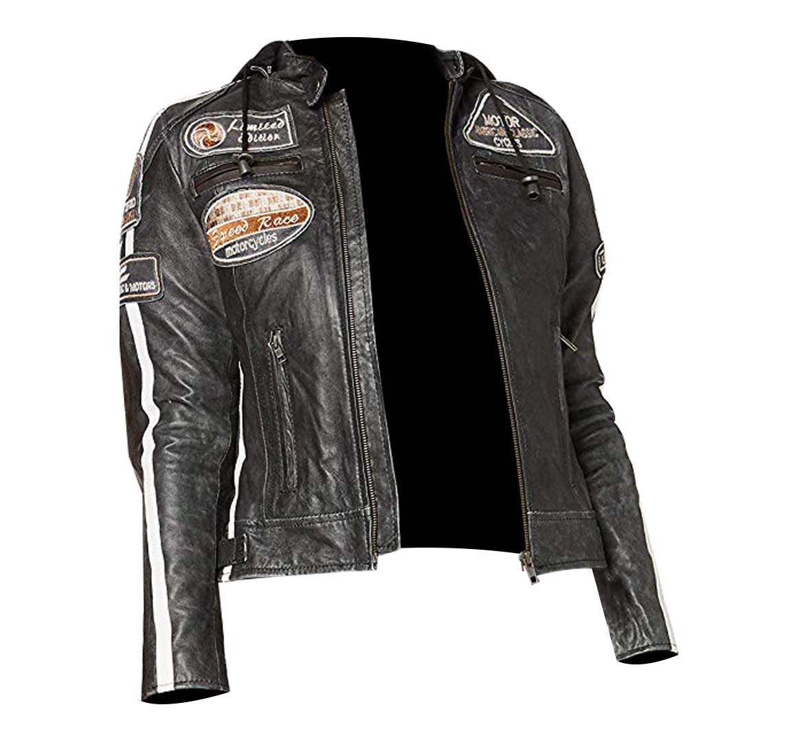 Womens Vintage Cafe Racer Retro Black Biker Jacket - Ladies Distressed Motorcycle Grey Leather Jacket