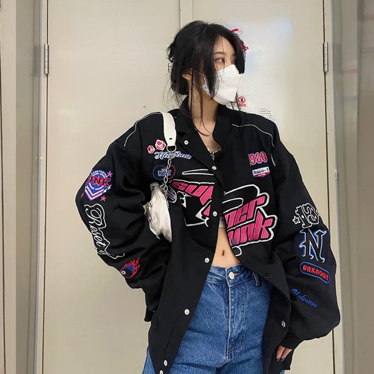 Women Y2K Vintage Varsity Jacket Hip Hop Racer Graphic Bomber Jacket Japanese Harajuku Button Up Sweatshirt Outerwear (Black,L)