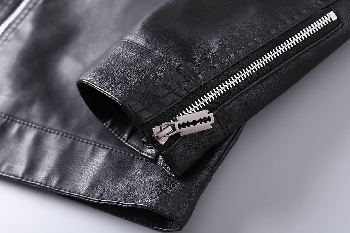 Womleys Mens Casual Stand Collar Slim Fit Faux Leather Jacket Biker Motorcycle Jacket (X-Black, Large)
