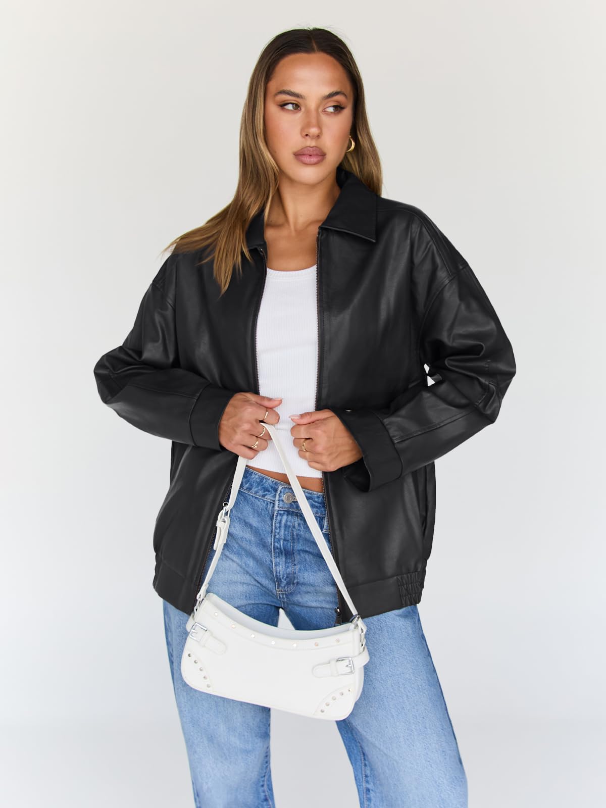 Trendy Queen Womens Leather Jacket, Oversized Spring Going Out & Everyday Statement Piece, Bomber Jackets Fall Moto Coat Black L