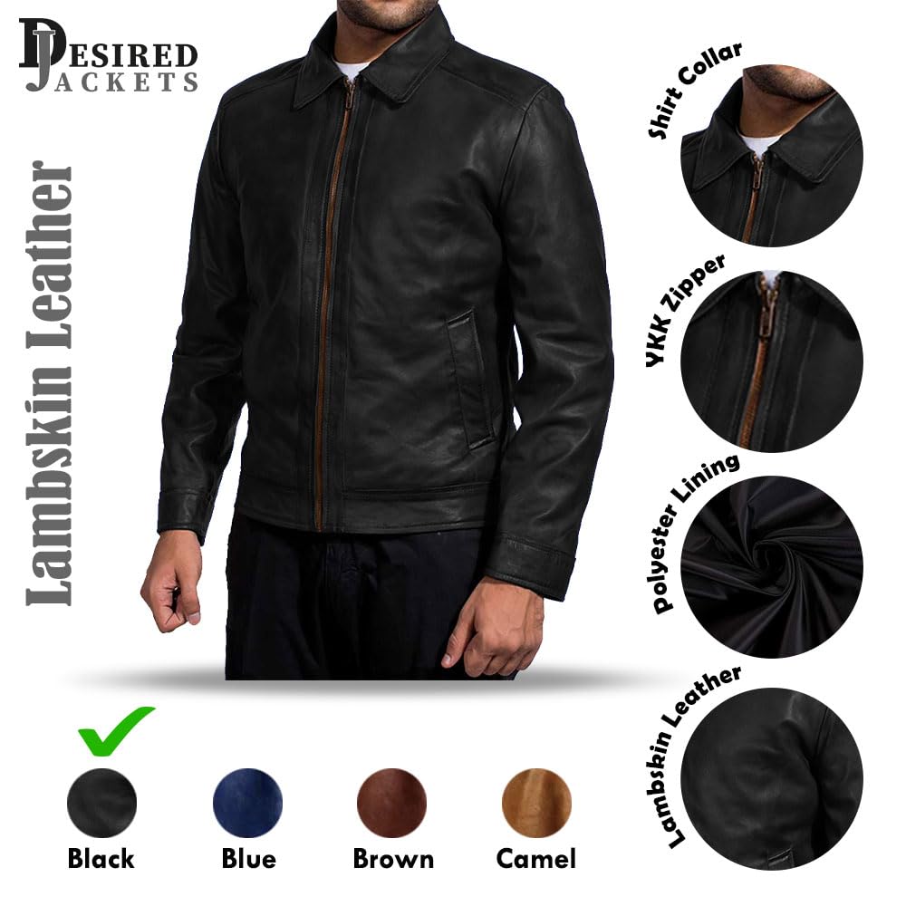 Mens Leather Jacket - Real Lambskin Classic Vintage Style Leather Jackets For Men Brown Leather Jacket for Mens (US, Alpha, Large, Regular, Regular, Black)