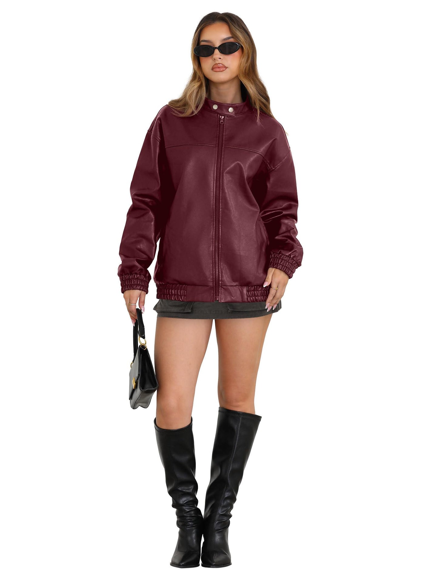 Sampeel Leather Jacket Women Faux Oversized Motorcycle Bomber Coats 2025 Fall Fashion Outfits Winter Clothes Trendy Cute Red M