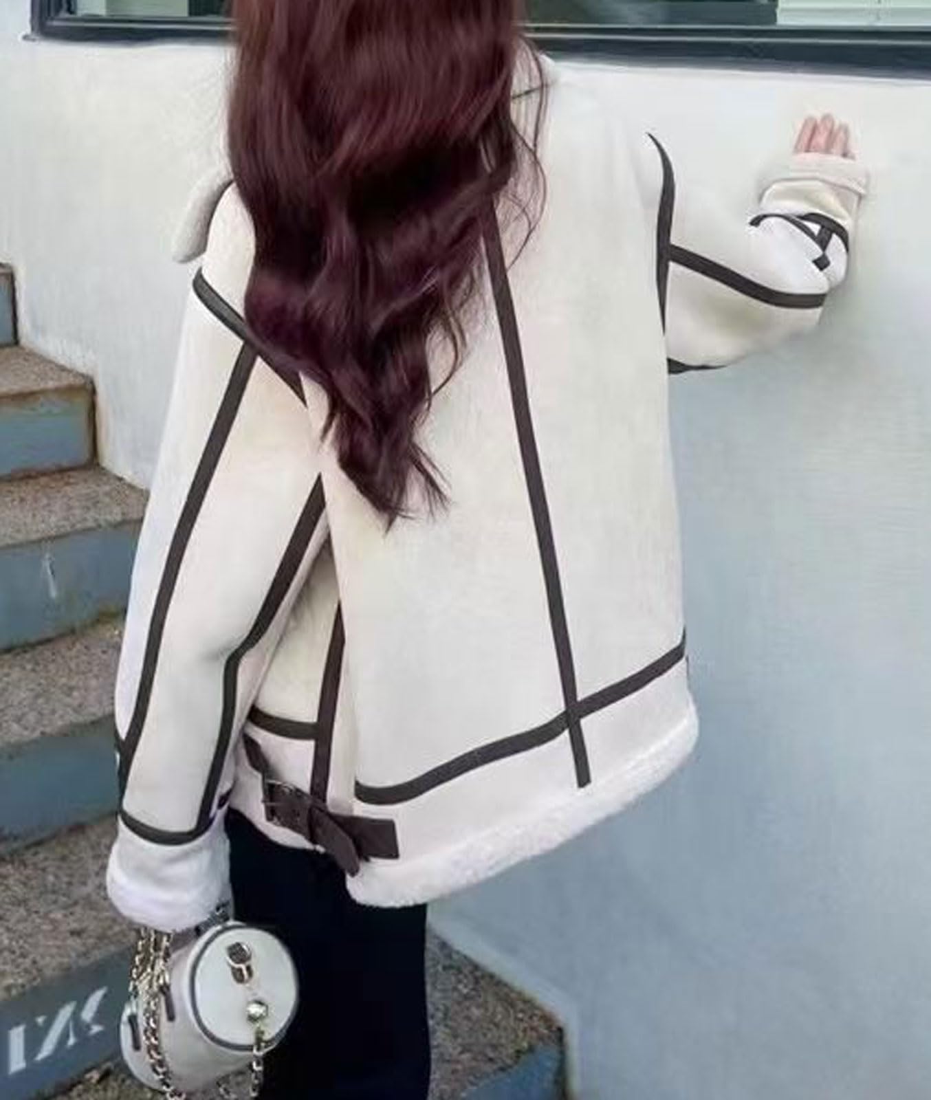 loveimgs Women Oversized Faux Suede Moto Jacket Sherpa Fleece Lined Leather Jacket Aviator Shearling Fur Coat Overcoat (Large, Off white)