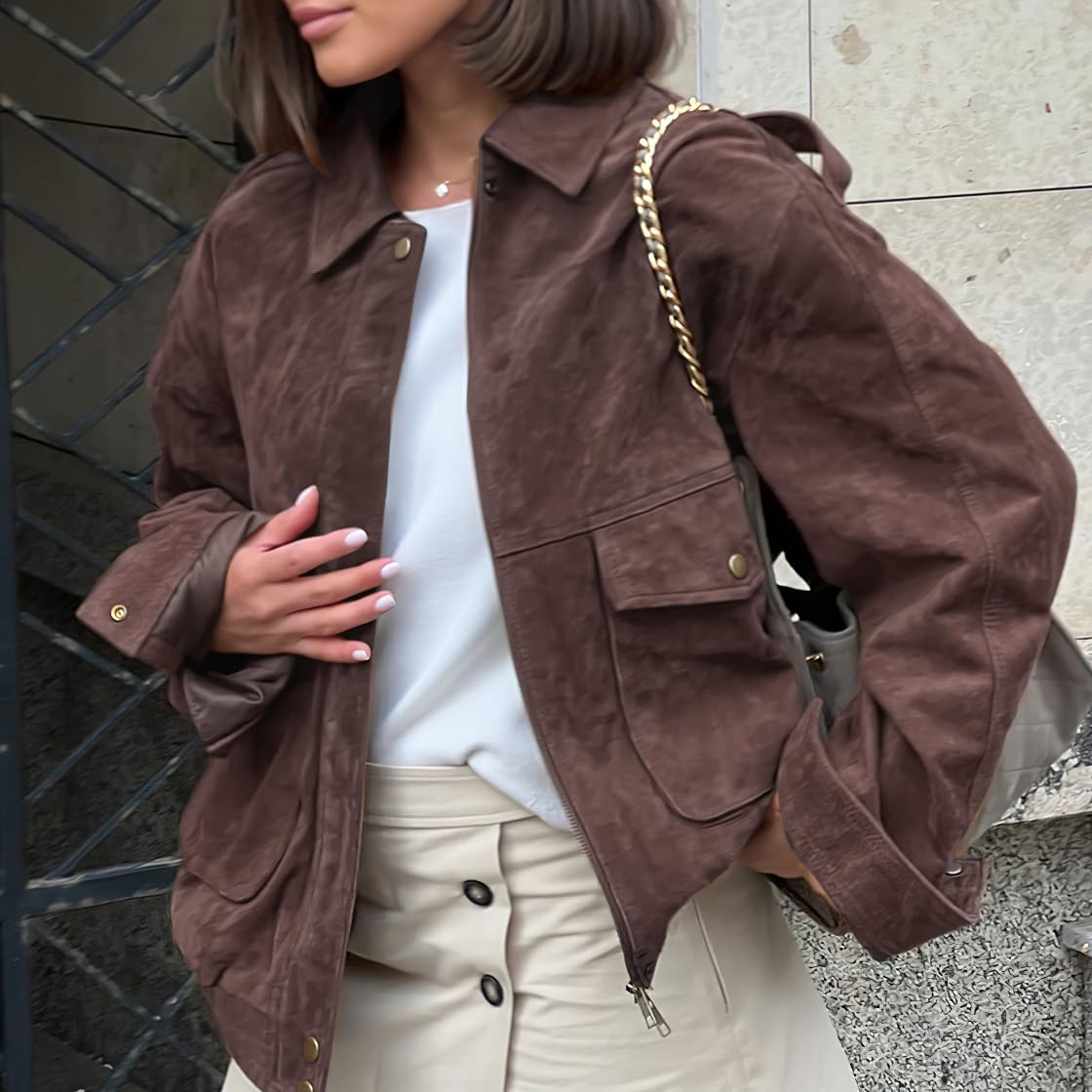 chouyatou Women Vintage Faux Suede Jacket Zip Up Bomber Jacket Lapel Collar Cropped Biker Moto Jacket Coat (XX-Large,Coffee)