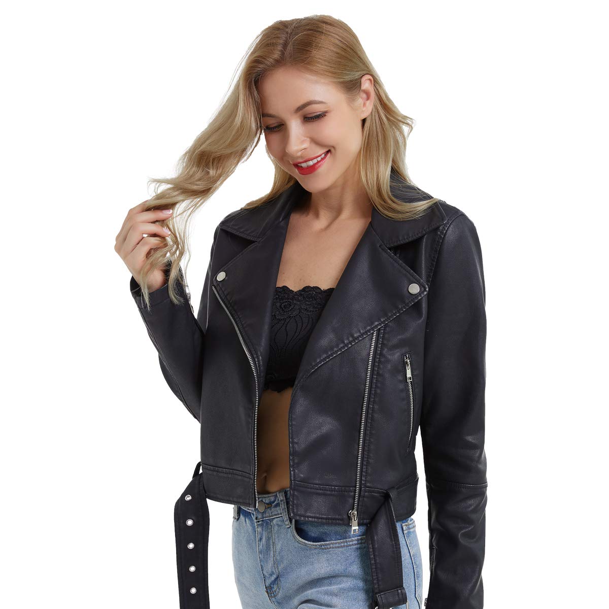 DIASHINY Black Faux Leather Jacket For Women With Belt PU Cropped Moto Biker Coat Motorcycle Crop Short Jacket 036 M