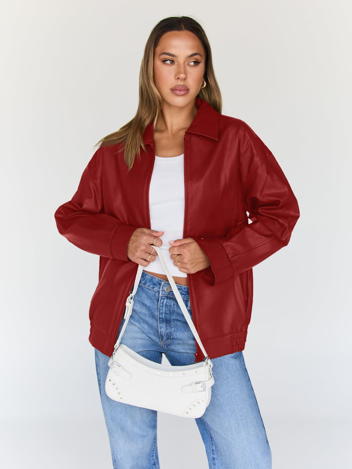 Trendy Queen Womens Leather Jacket, Oversized Spring Going Out & Everyday Statement Piece, Bomber Jackets Fall Moto Coat Red M