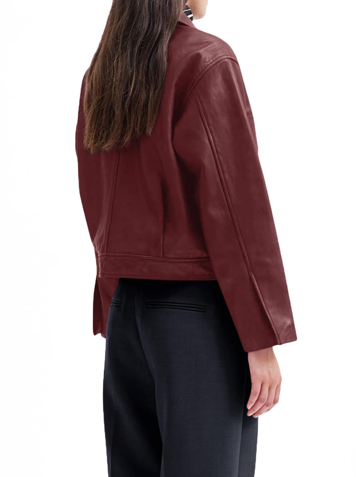 BZB Red Leather Jacket for Women Oversized Zip Up Casual The Fall Fashion Bomber Jacket Pockets Cropped Moto Jacket Woman Wine Red XL