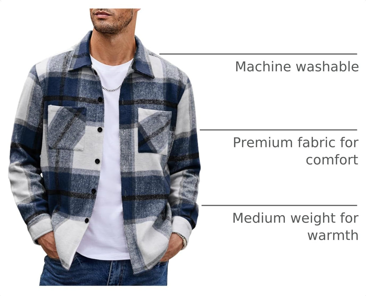 COOFANDY Mens Coat Shirt Long Sleeve Flannel Jacket Classic Plaid Shirt Lightweight Hunting Shirt Navy Blue