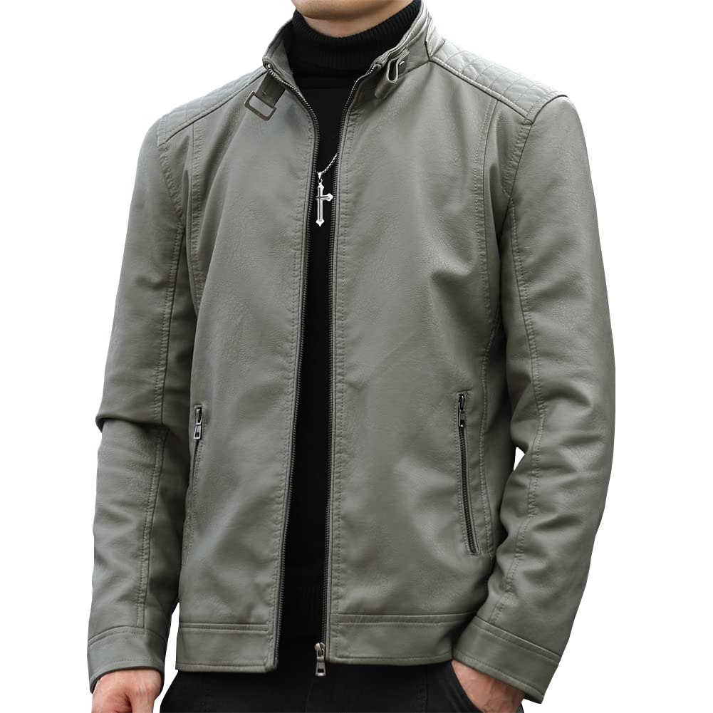 Womleys Mens Casual Stand Collar Faux Leather Jacket Biker Motorcycle Jackets (Pea Green, Medium)