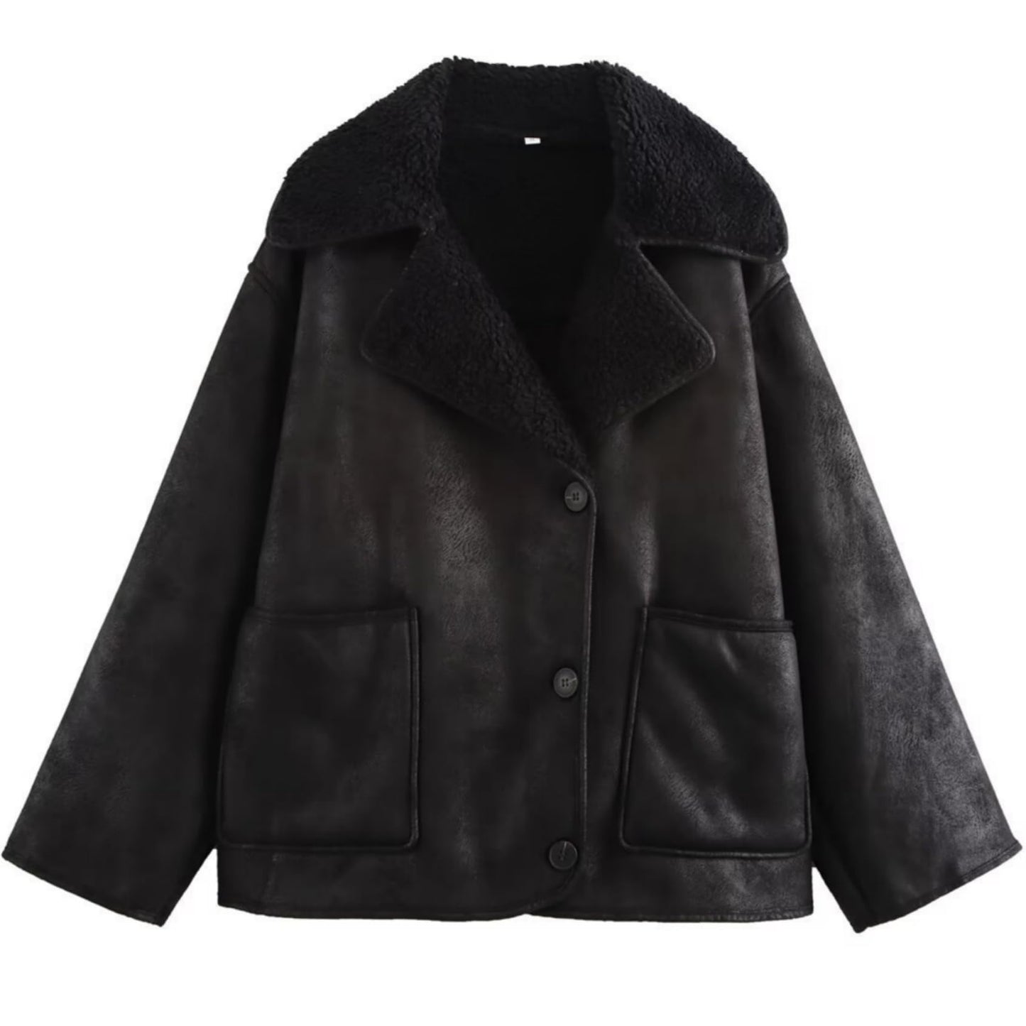 Perbai Women's Lapel Fleece Lined Single Breasted Faux Suede Jacket Oversized Leather Trucker Coat(Black-L)