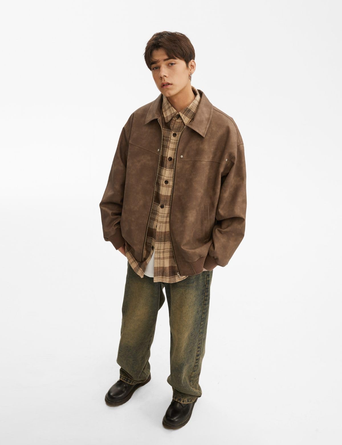 Fullneat Men’s Faux Leather Bomber Jacket Boxy Vintage Motorcycle Moto Coat Black Jacket Unisex Streetwear Zip Up Biker Outerwear Fashion Trendy Outfits for Men Women Casual Daily Wear Brown L