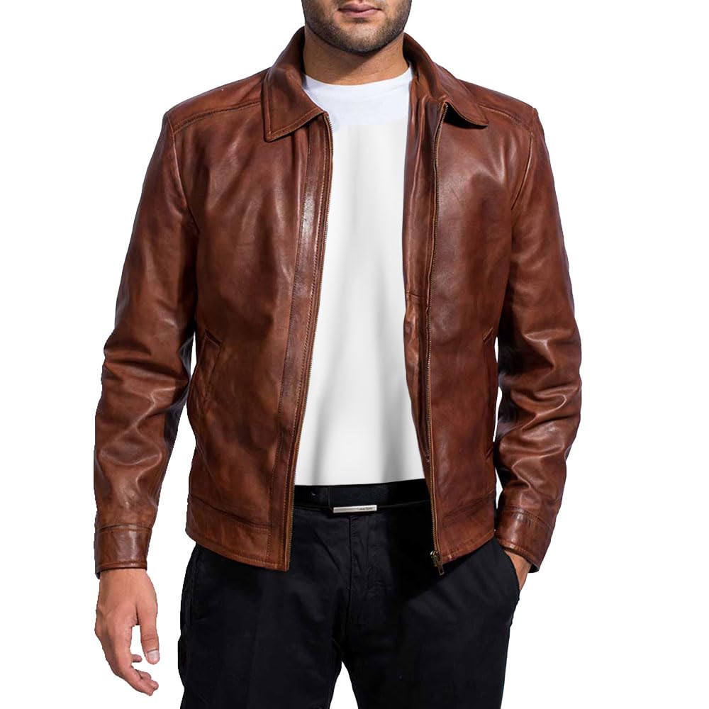 Mens Leather Jacket - Real Lambskin Classic Vintage Style Leather Jackets For Men Brown Leather Jacket for Mens (US, Alpha, X-Large, Regular, Regular, Brown)