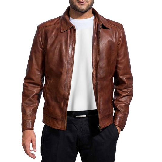 Mens Leather Jacket - Real Lambskin Classic Vintage Style Leather Jackets For Men Brown Leather Jacket for Mens (US, Alpha, Small, Regular, Regular, Brown)