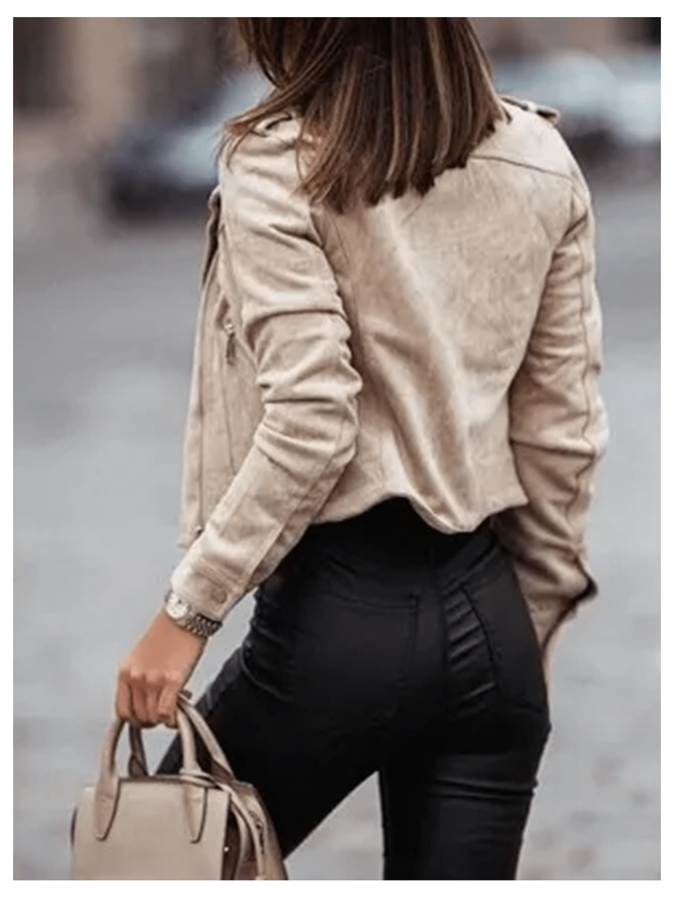 winkbay Women's Faux Suede Motorcycle Jacket Vintage Zip Up Lapel Collar Casual Biker Bomber Jackets Outerwear Apricot Medium