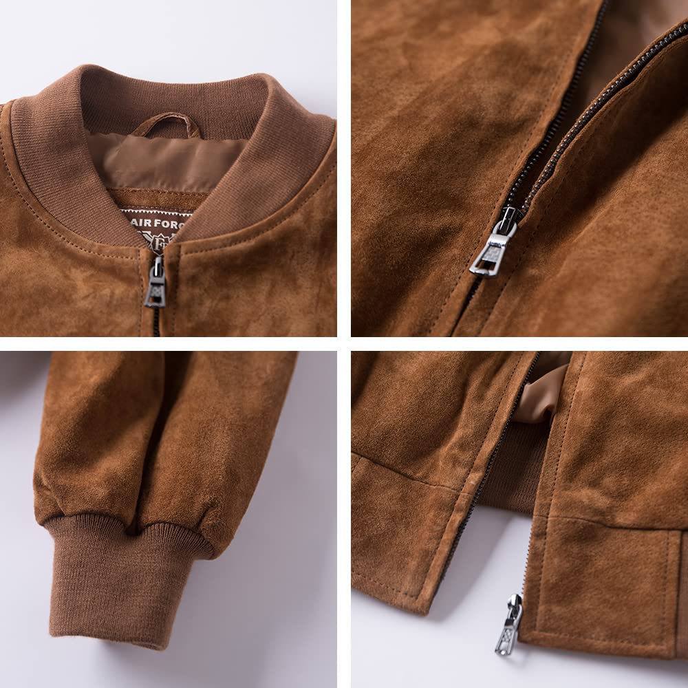 FLAVOR Men's Leather Baseball Jacket Vintage Suede Pigskin (Large, Brown)
