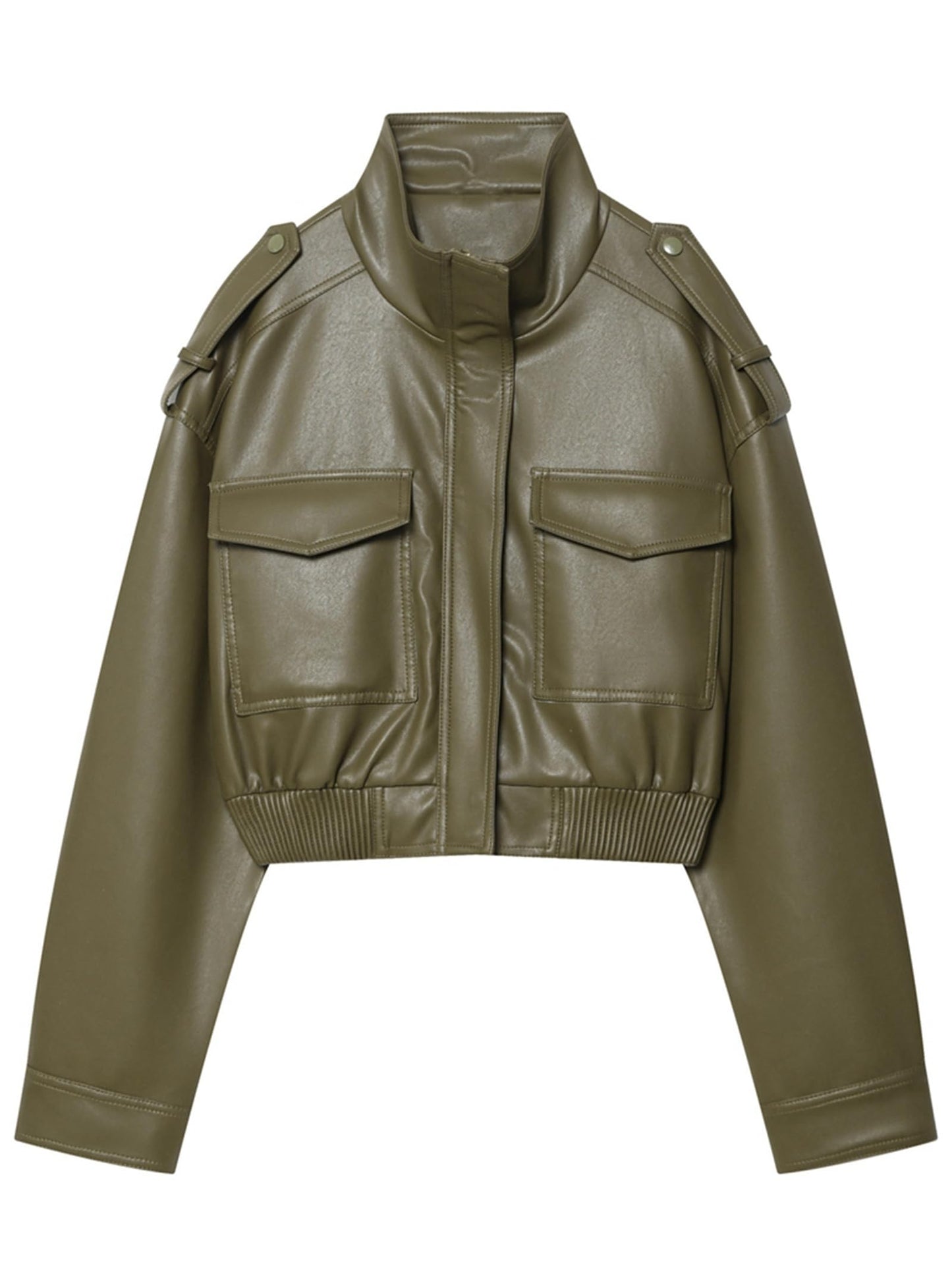 RISCUYY Green Leather Jacket Women Stand Collar Zip Up Olive Green Cropped Leather Jacket Women Trendy 2026