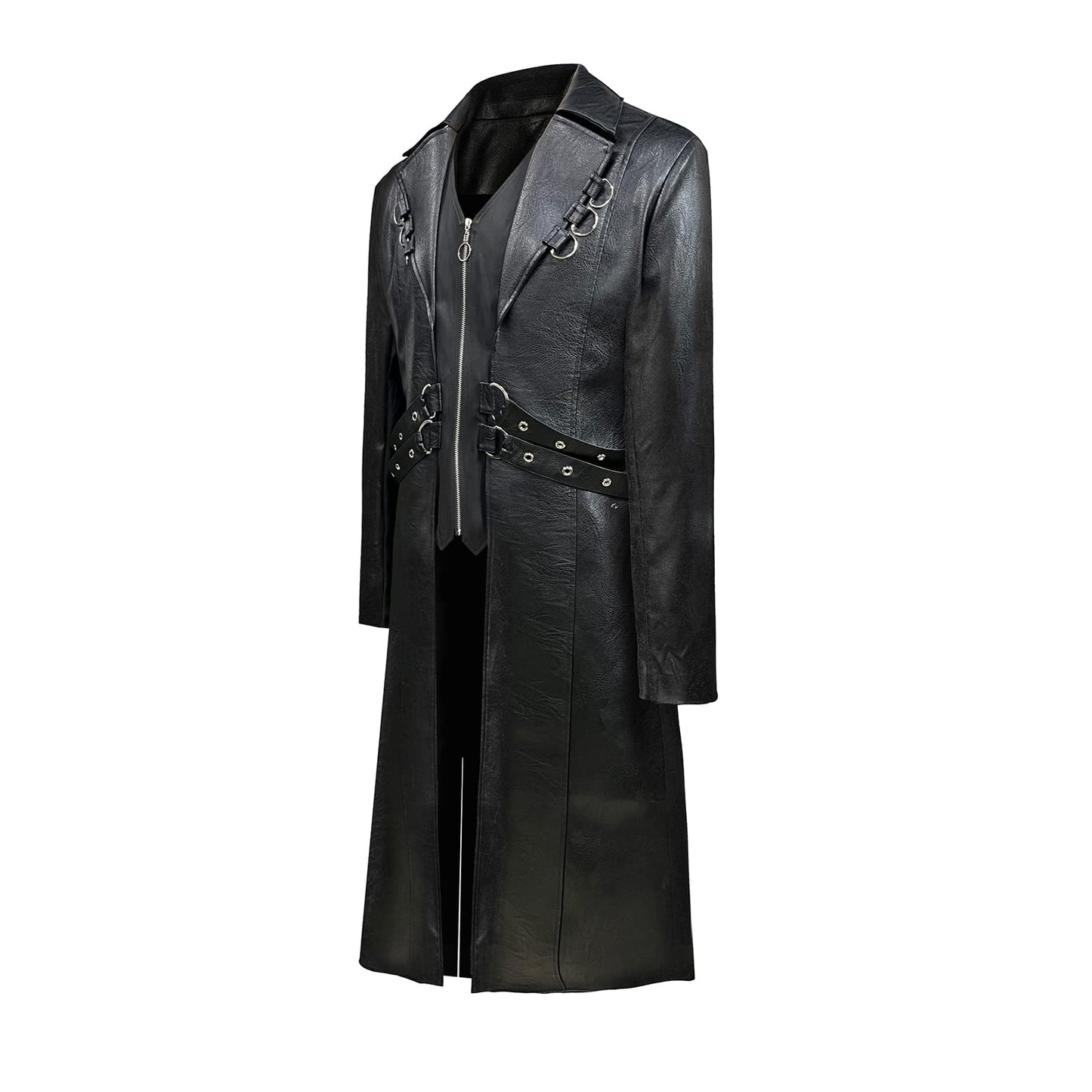 TZMAPU Men's Faux Leather Motorcycle Trench Coat Black Long Punk Jacket (Black，Medium)
