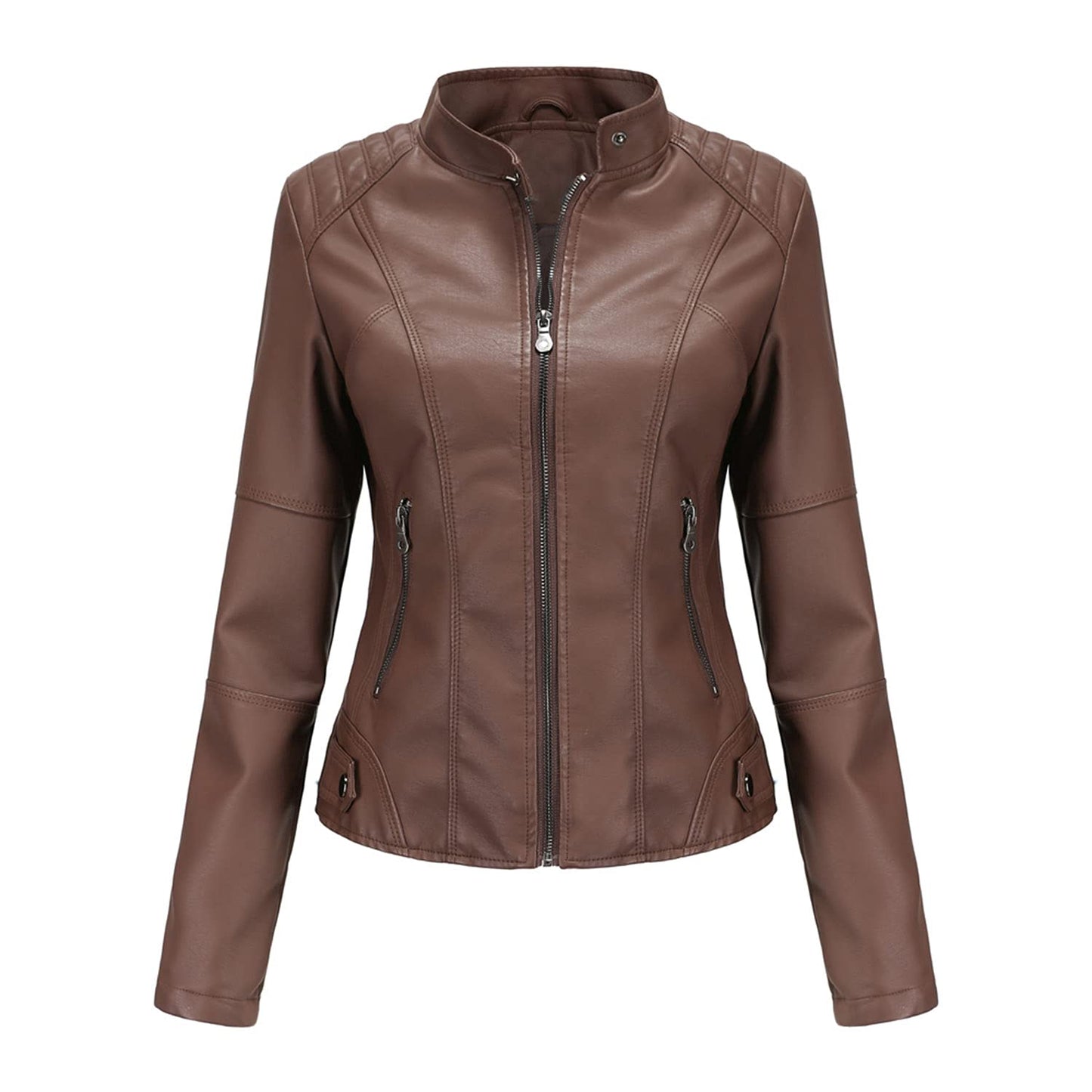 DEAR MODEL Faux Leather Jacket Women Bomber Jacket Women's Belted Motorcycle Jacket,Brown,M