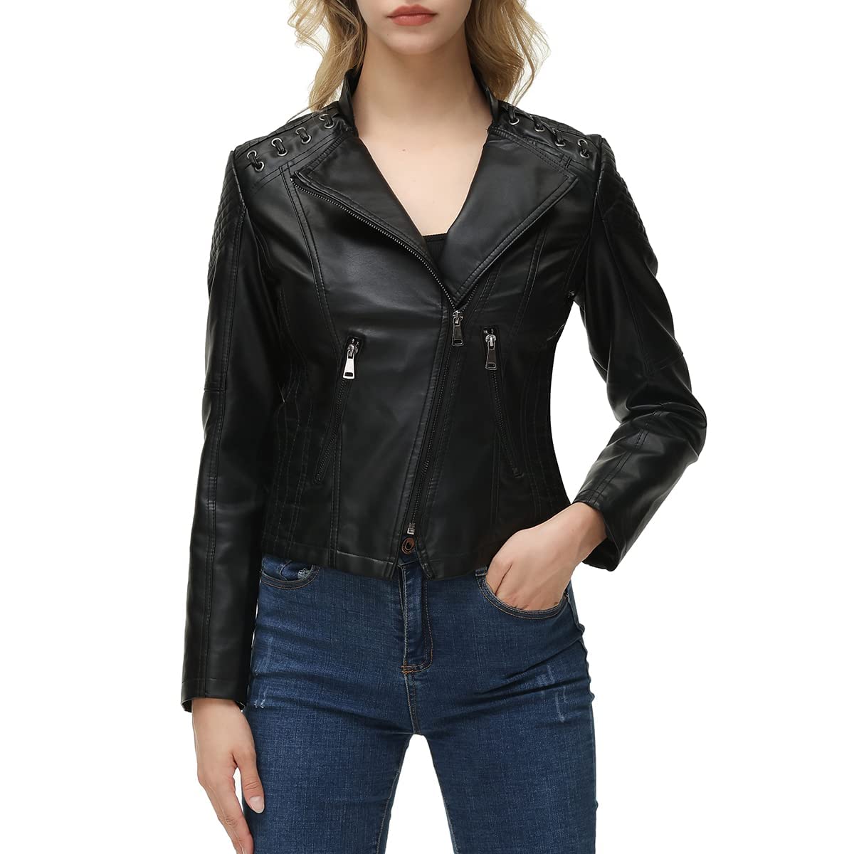 MODFUL Women's Faux Leather Moto Jacket Casual Short Solid Color PU Biker Coat with Pockets(Black,Medium)