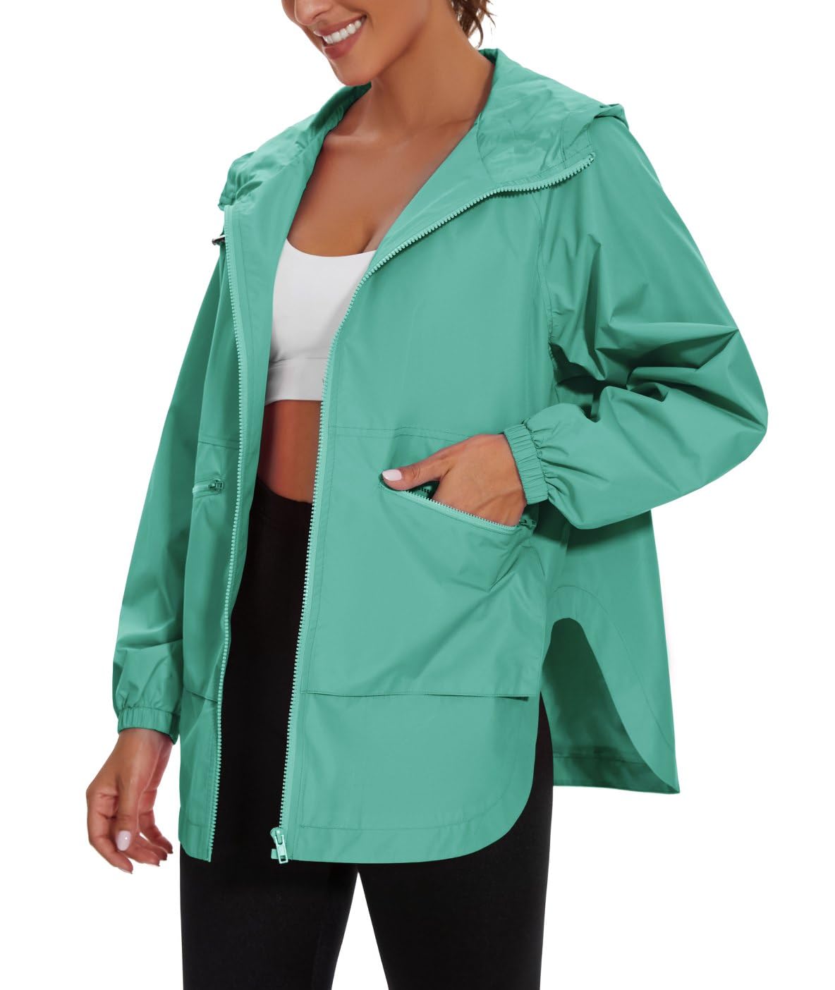 PESION Rain Jacket Women Lightweight Waterproof Raincoat with Hood Cycling Biker Jackets, Lake Green