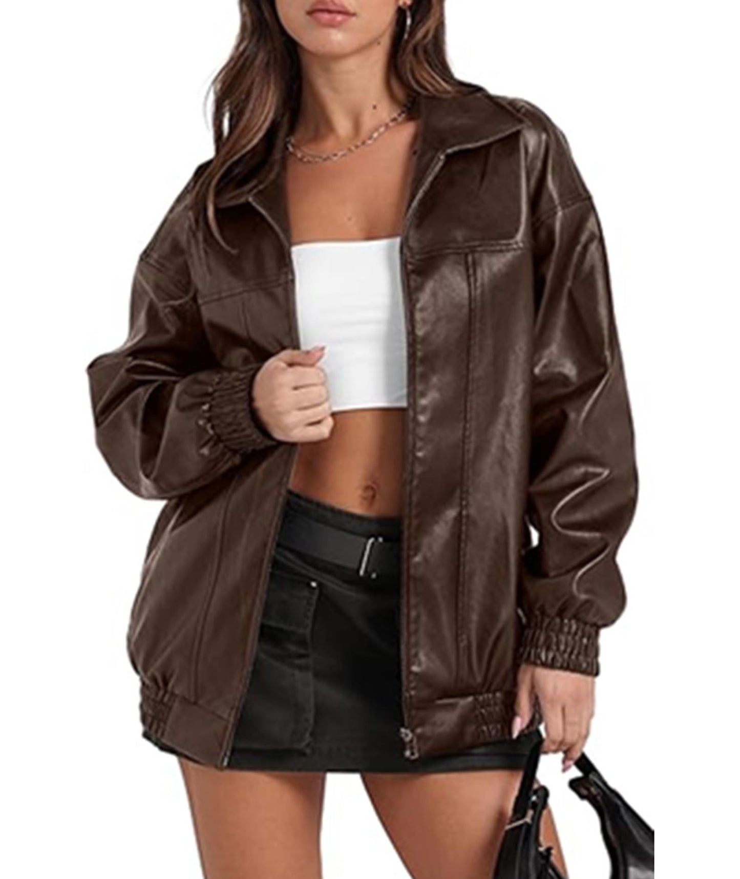 Sexyshine Women's Oversized Faux Leather Jacket Lapel Collar Zip Up Long Sleeve PU Leather Coat Motorcycle Bomber Biker Overcoat(27221CO,2XL)