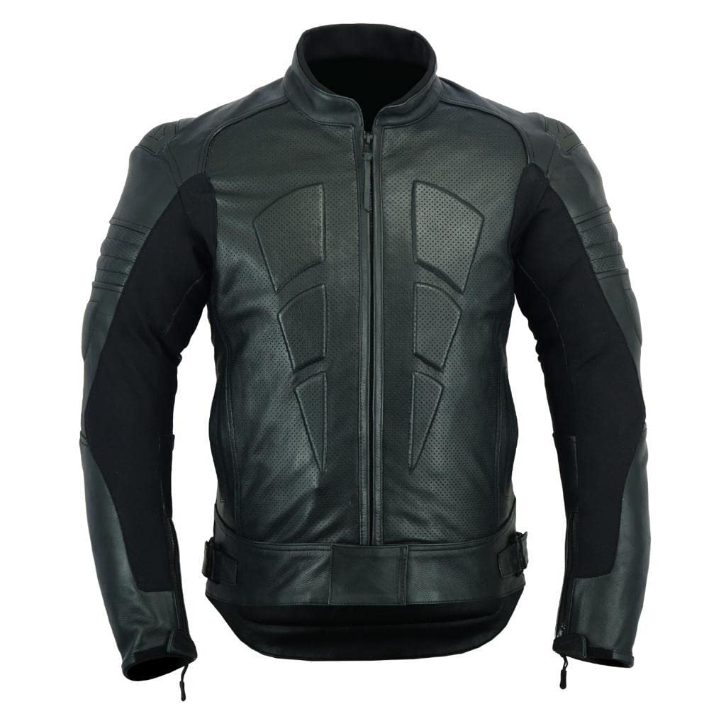 INTAN Safety with Style Mens Motorcycle Perforated leather (Natural Grain) armoured Stylish Black Leather Jacket 003BP (Medium)