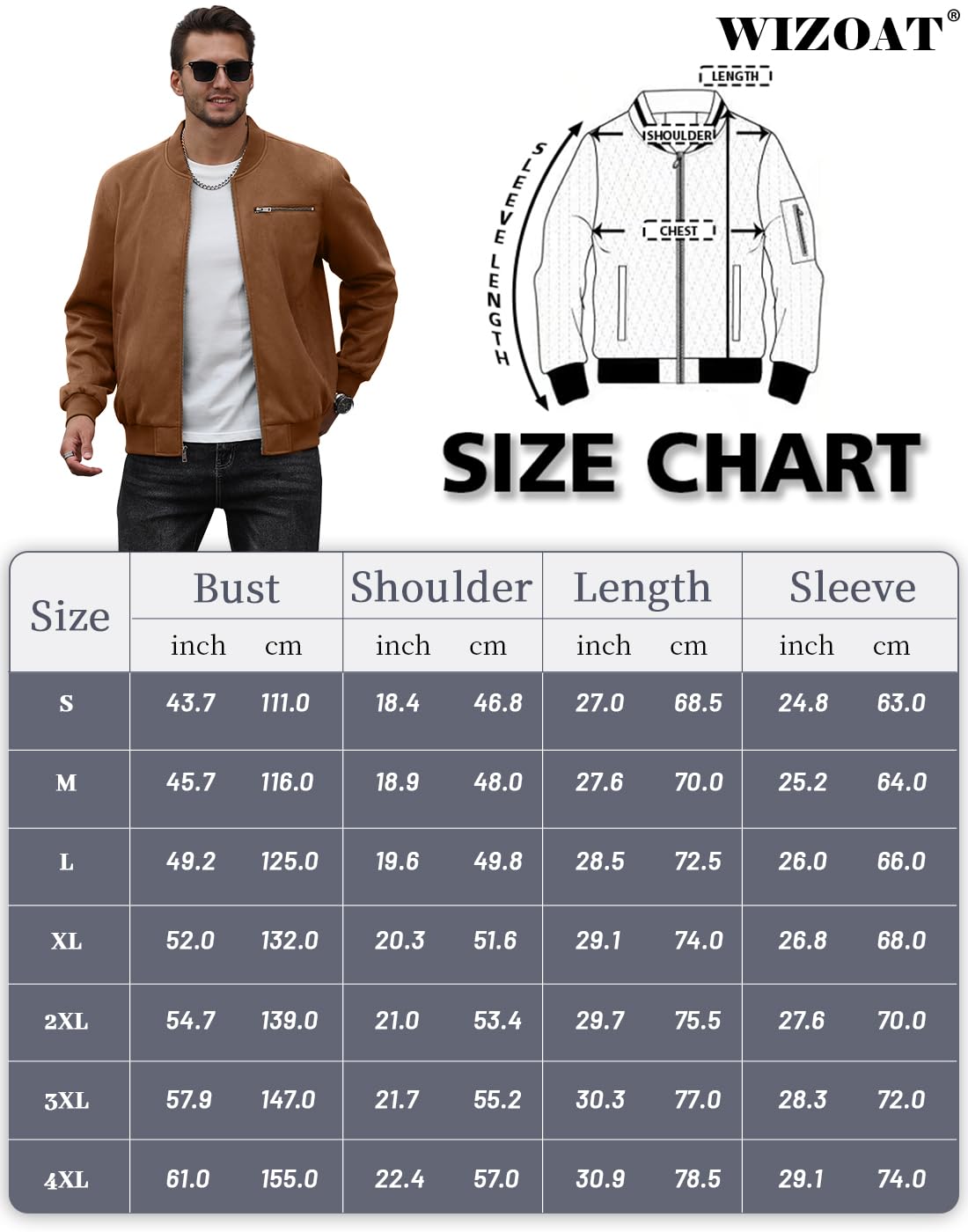 Wizoat Men's Suede Bomber Jacket Casual Lightweight Vintage Jacket Varsity Coat