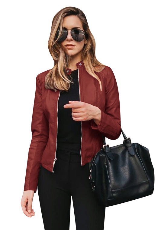 BOFETA Womens Autumn Faux Leather Jackets Zipper Solid Blazer Short Casual Coat Wine Red M