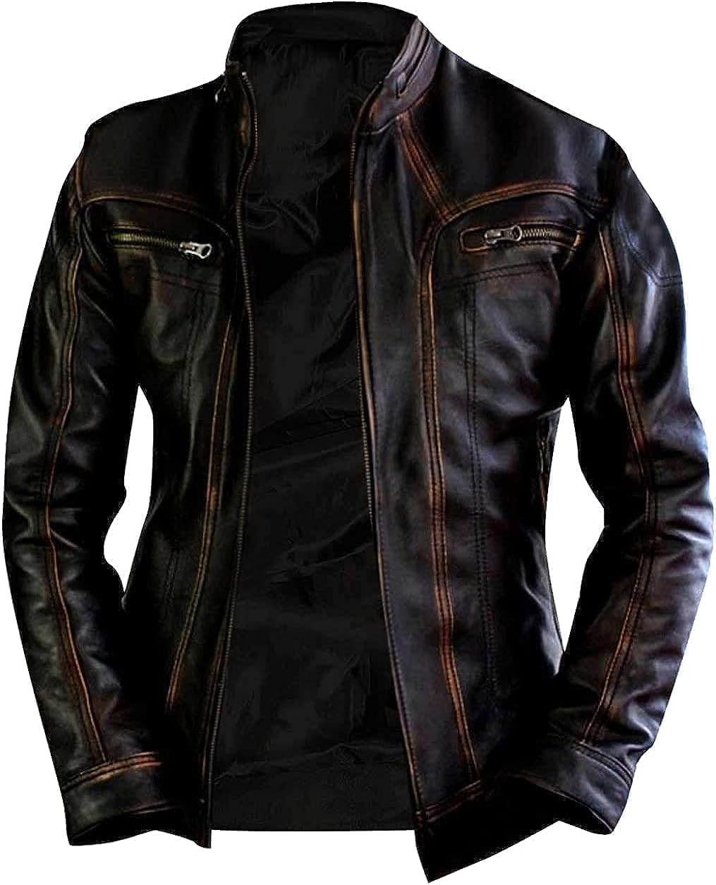 Carviture Ltd Men's Cafe Racer Genuine Leather Jacket - Distressed Retro Leather Jacket - Vintage Motorcycle Leather Jacket