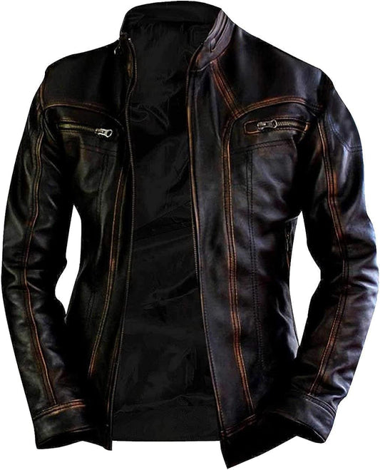 Carviture Ltd Men's Cafe Racer Genuine Leather Jacket - Distressed Retro Leather Jacket - Vintage Motorcycle Leather Jacket