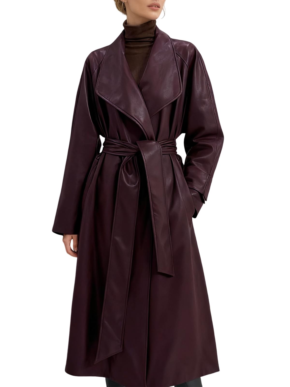utcoco Womens Faux Leather Classic Lapel Trench Coat Long Leather Blazer Jackets Open Front with Belt (Small, Wine)