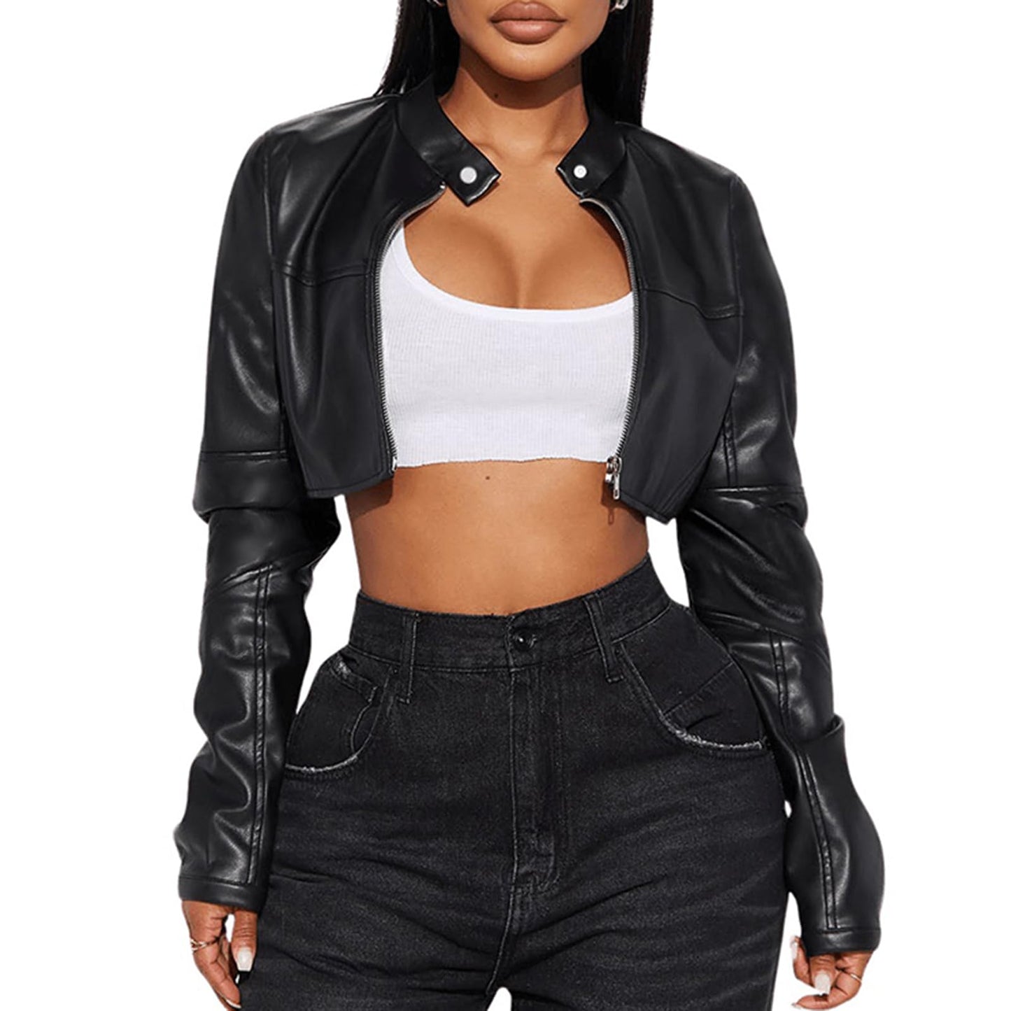 Charyeah Women's Fashion Faux Leather Jacket Crop Short Cropped PU Slim Zip Up Moto Biker Coat Motorcycle Jackets Coat (US, Alpha, Small, Regular, Regular, Black)