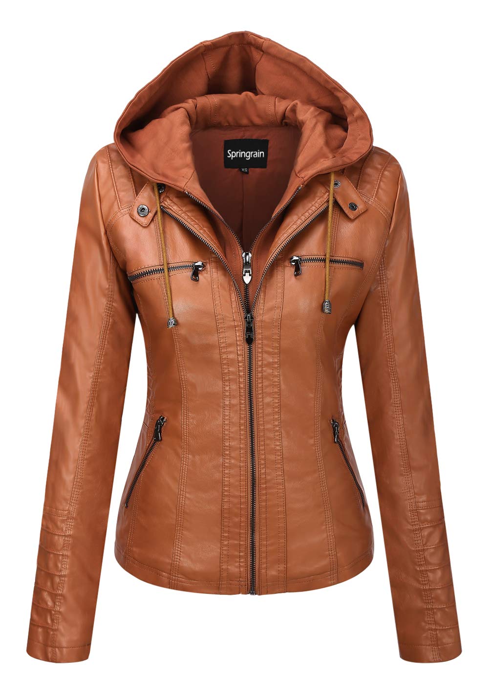 Springrain Women's Faux Leather Jacket Moto Biker Coat with Detachable Hood Motorcycle Jacket (Large, Brown)