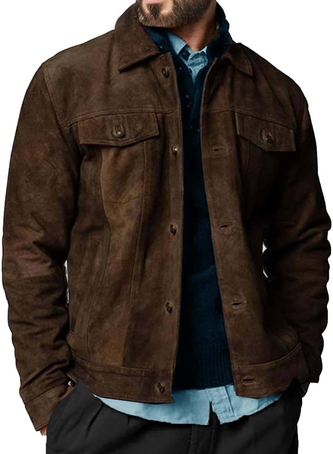 Men's Suede Leather Jacket Real Lambskin Suede Casual Leather Jackets For Men Suede Trucker Coat for Mens (US, Alpha, Large, Regular, Regular, Dark Brown)
