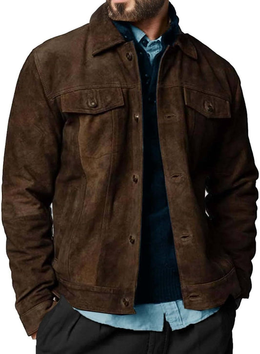 Men's Suede Leather Jacket Real Lambskin Suede Casual Leather Jackets For Men Suede Trucker Coat for Mens (US, Alpha, Large, Regular, Regular, Dark Brown)