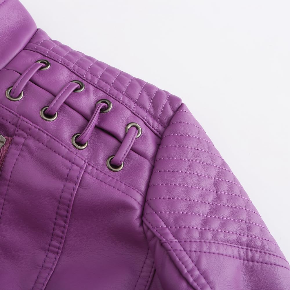 DEAR MODEL Womens Leather Jacket Long Sleeve Fitted Faux Leather Coats,Classic Locomotive Style Leather Jacket,Purple,L