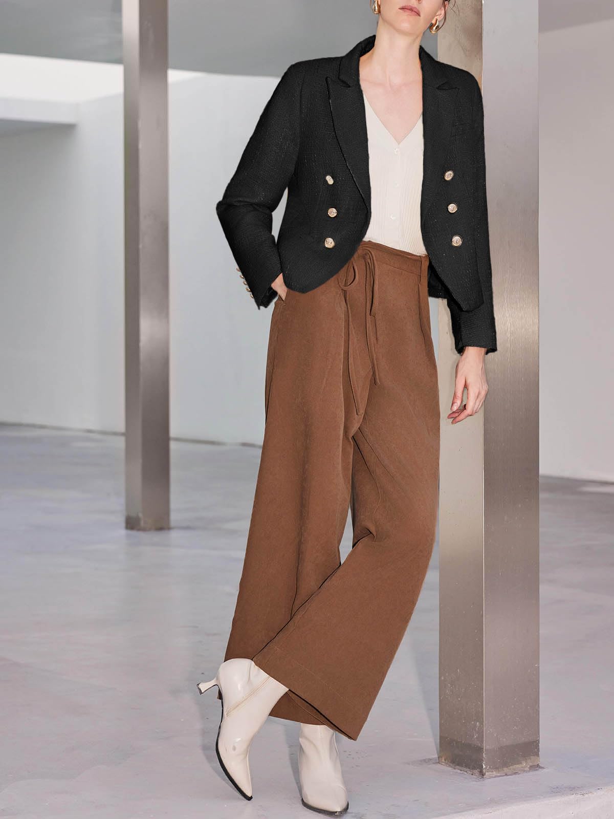 Cicy Bell Women Cropped Tweed Blazer Jackets Lapel Open Front Long Sleeve Business Suit Jackets with Pocket Black