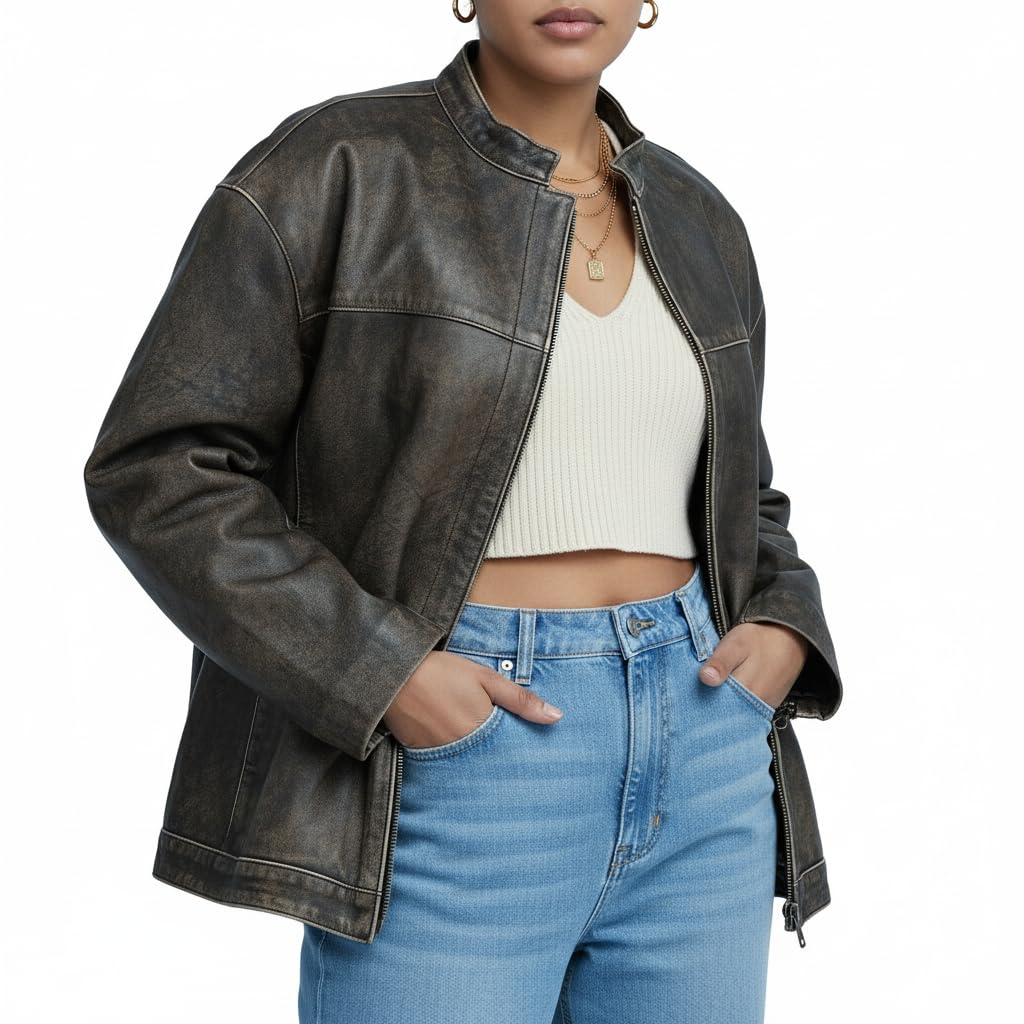 Women’s Oversized Vintage Leather Bomber Jacket – Genuine Lambskin, Distressed, Drop-Shoulder, Zip-Front (Medium)