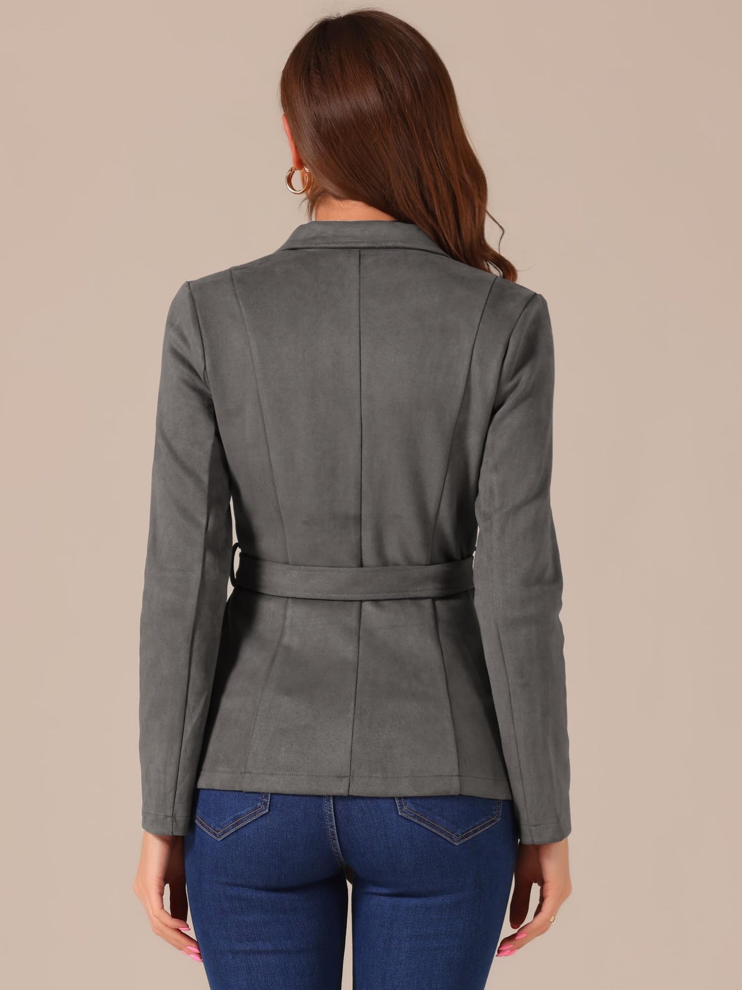 Allegra K Women's Faux Suede Blazer Belted Lapel Outwear Single Breasted Work Jacket Small Dark Grey