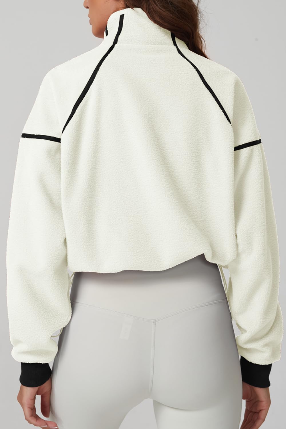 QINSEN Women Sherpa Coat Half Zip Long Sleeve Baggy Short Jacket Mock Neck Fleece Outwear Beige M