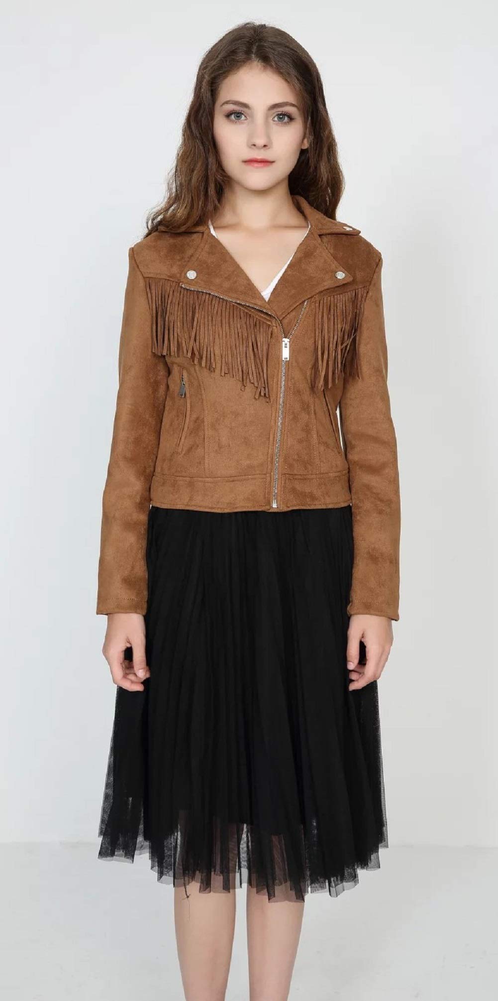 CHARTOU Women's Fall 2023 Fashion Faux Suede Leather Casual Moto Biker Jacket Coats (Small, tassel-coffee)