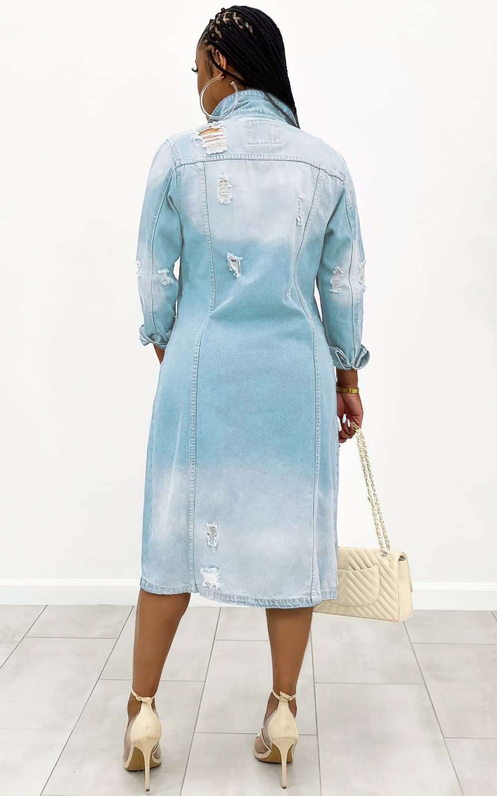 Leyoutx Womens Distressed Ripped Lapel Trench Coat Slim Fit Button Down Washed Long Jean Jacket (Large, Light Blue)