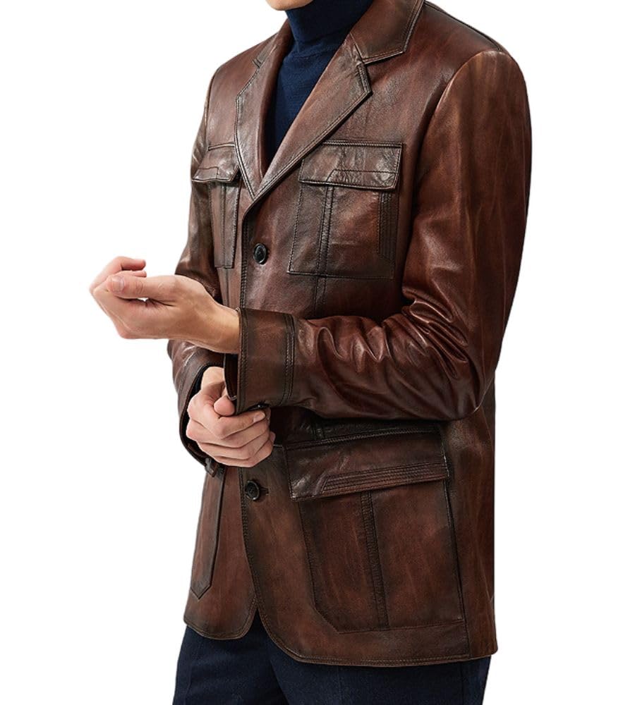 Brown Leather Blazer Men Vintage Italian Blazers Real Lambskin Leather Sports Coat Buttons Jacket X-Large