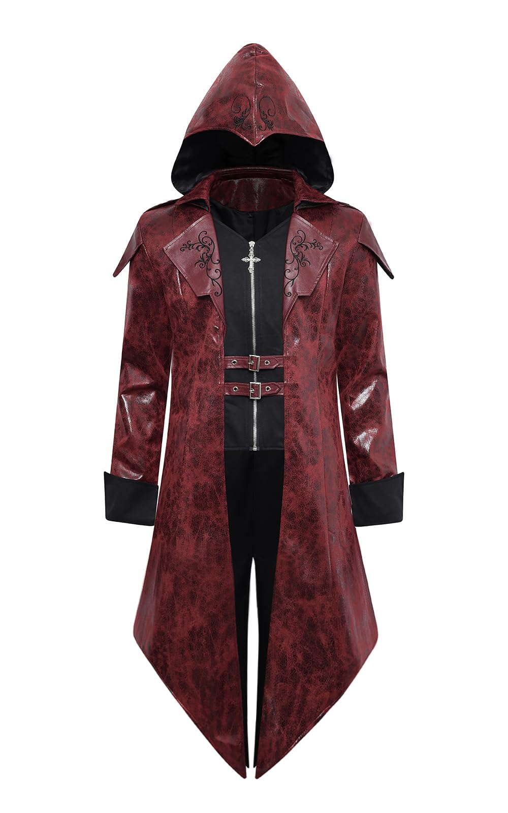 ZNZHKR Men‘s PU hooded Leather Steampunk Jacket Medieval Gothic Victorian Vampire Coat Tailcoat Gear Design Adjustable (Red, S)