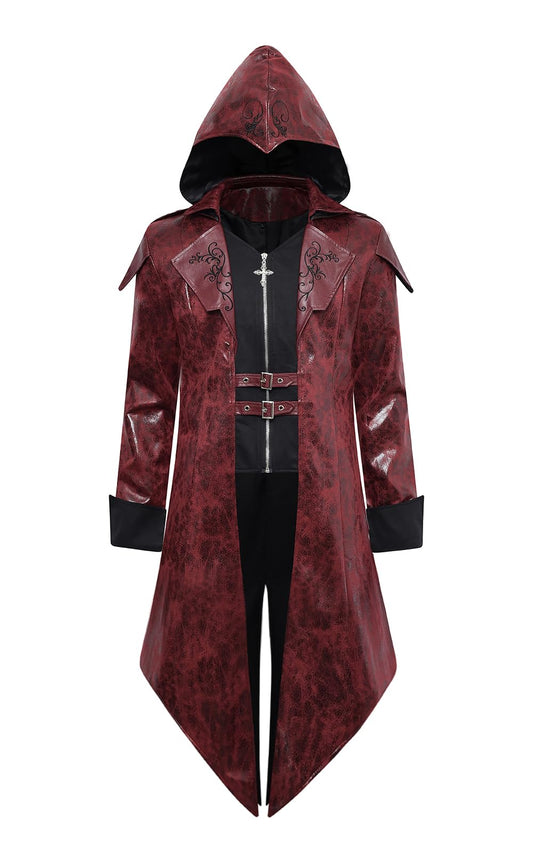 ZNZHKR Men‘s PU hooded Leather Steampunk Jacket Medieval Gothic Victorian Vampire Coat Tailcoat Gear Design Adjustable (Red, S)