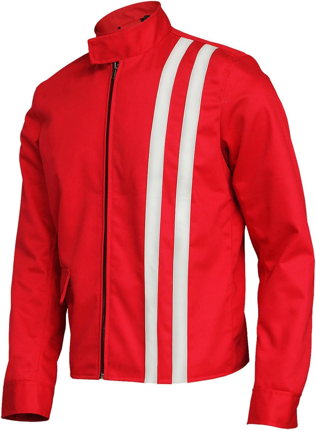CHICAGO-FASHIONS Mens Speed Racer Movie Retro Classic Stripes Motorcycle Red Jacket - Vintage Cotton Biker Steve Jacket